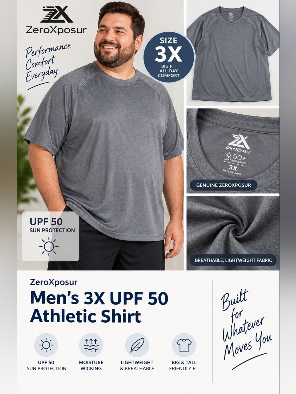 Zeroxposur mens 3X UPF 50 grey athletic shirt #12
